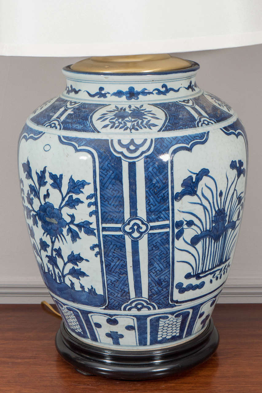 Pair of Chinese Blue and White Porcelain Jars, Wired as Lamps 1