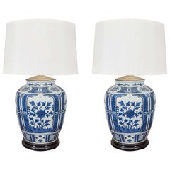 Pair of Chinese Blue and White Porcelain Jars, Wired as Lamps