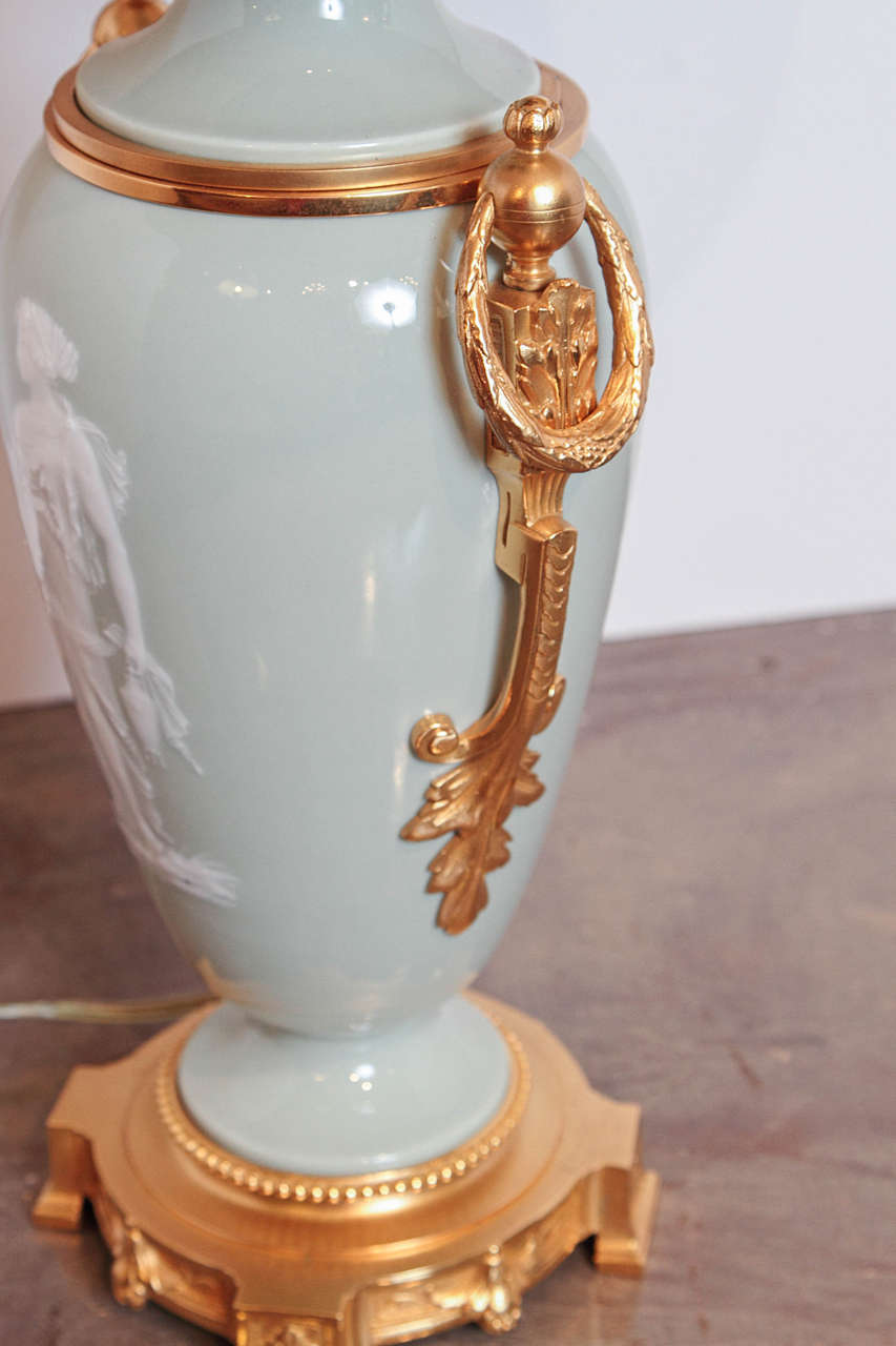 Pair of 19th Century French Celadon Pâte-sur-Pâte Urn lamps 4