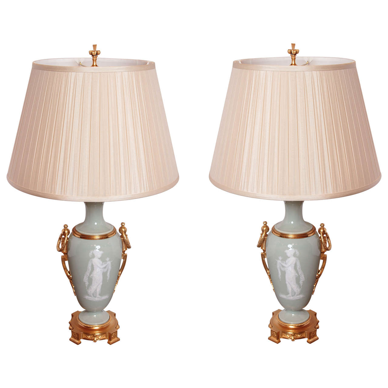 Pair of 19th Century French Celadon Pâte-sur-Pâte Urn lamps