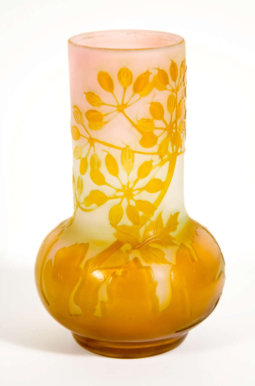 Art Nouveau Burnt Amber Lotus Etched Glass Cameo Vase signed by Galle