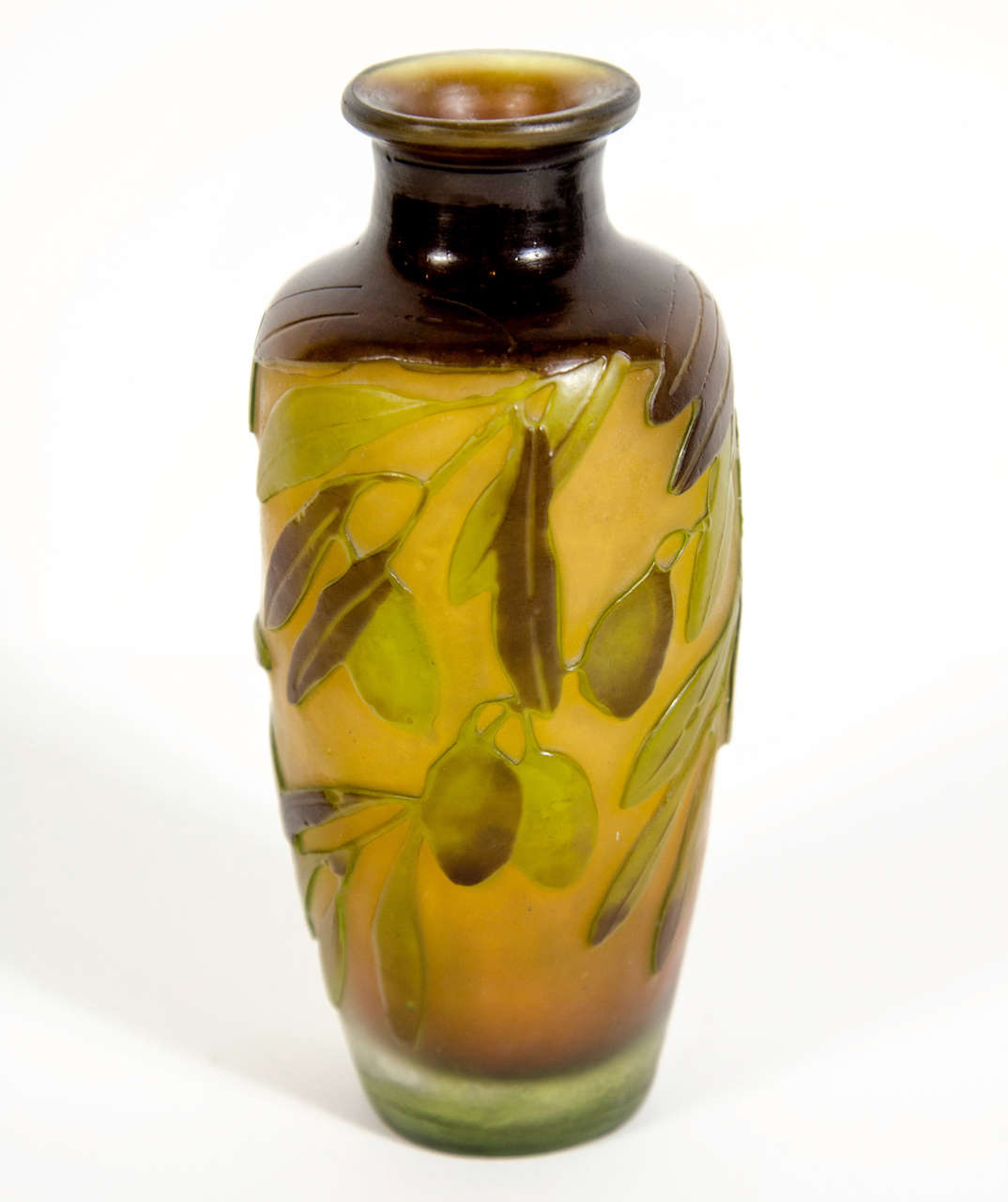 Art Nouveau Olive & Umber Etched Glass Cameo Vase signed by Galle