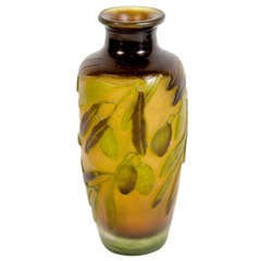Art Nouveau Olive & Umber Etched Glass Cameo Vase signed by Galle