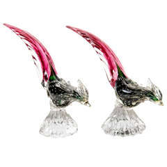 Pair of Elegant Mid-Century Murano Glass Pheasants