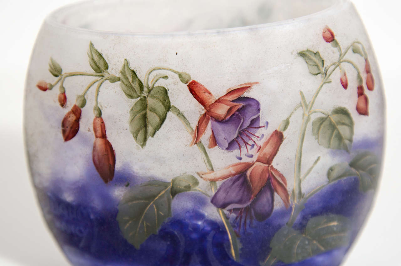French Art Nouveau Fuchsia & Purple Acid Etched Glass Cameo Vase signed by Daum