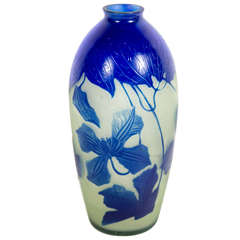 Art Nouveau Lapis Lazuli Etched Glass Cameo Vase signed by D'Argental