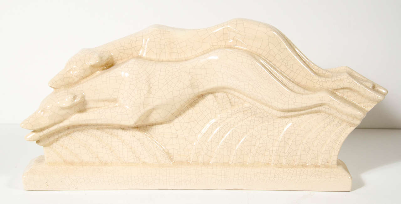 Art Deco Leaping Greyhounds in Crackle Glaze Ceramic