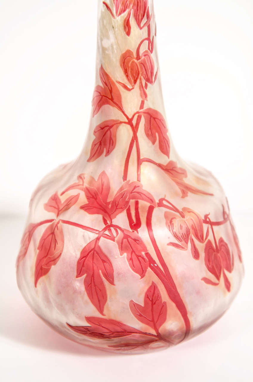 French Art Nouveau Vermilion Wisteria Etched Glass Cameo Vase signed by Devez