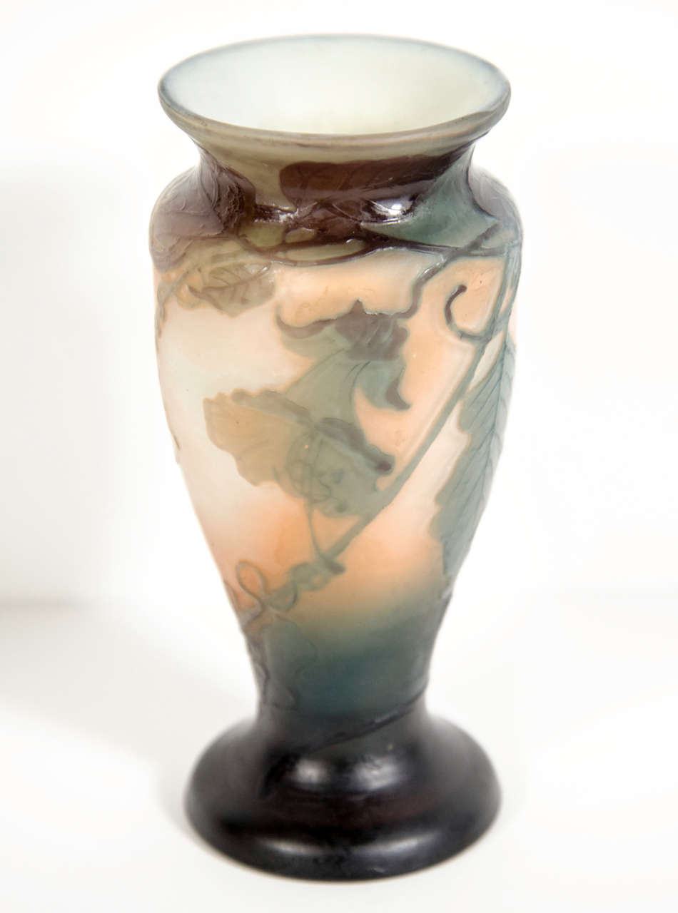 Art Nouveau Laurel Green Etched Glass Cameo Vase signed by Muller Fres Luneville