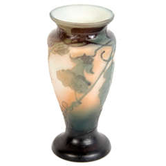 Art Nouveau Laurel Green Etched Glass Cameo Vase signed by Muller Fres Luneville
