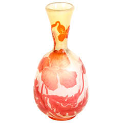 Vintage Art Nouveau Vermilion Hibiscus Etched Glass Cameo Vase signed by Devez