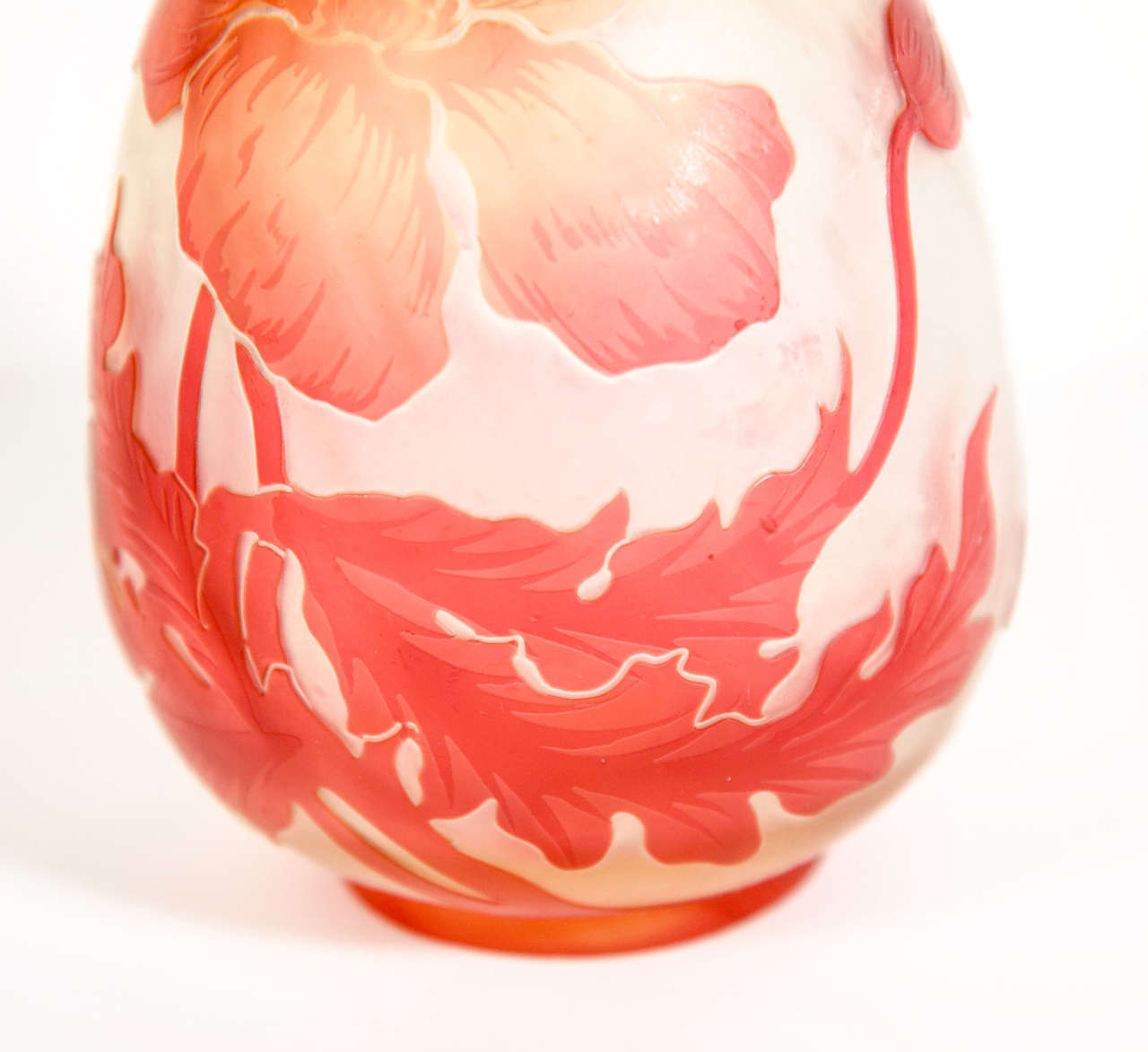 French Art Nouveau Vermilion Hibiscus Etched Glass Cameo Vase signed by Devez