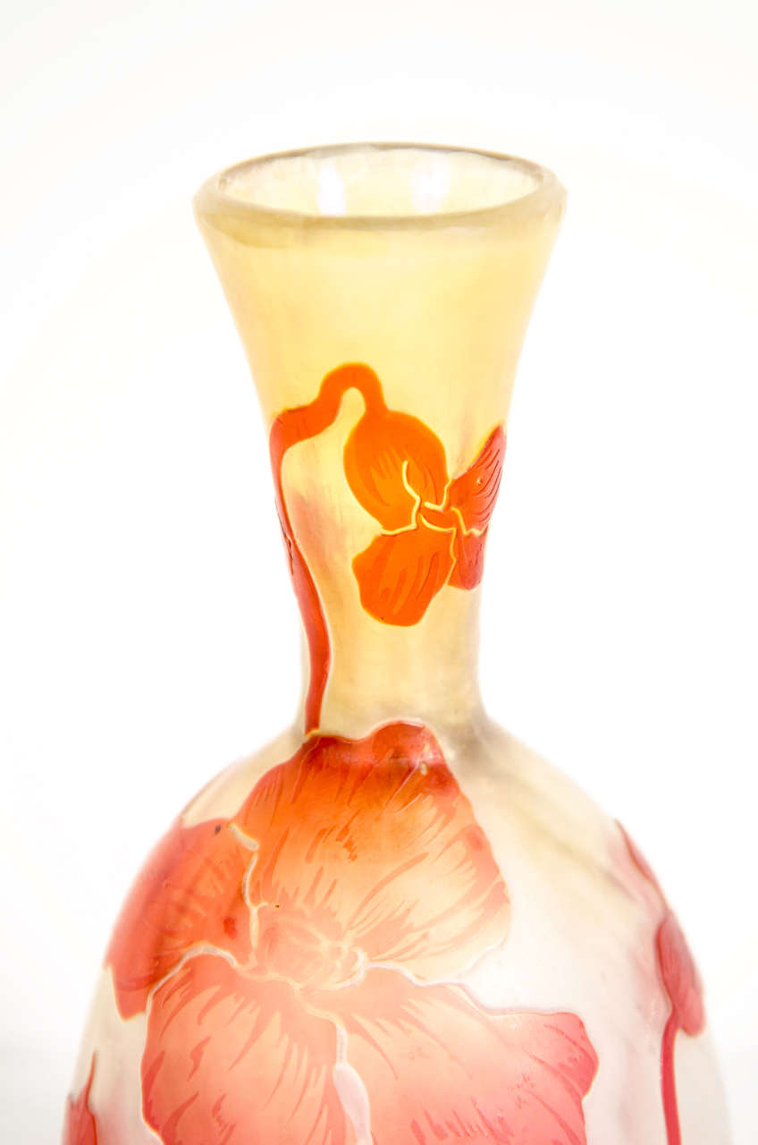 Art Nouveau Vermilion Hibiscus Etched Glass Cameo Vase signed by Devez In Excellent Condition In New York, NY
