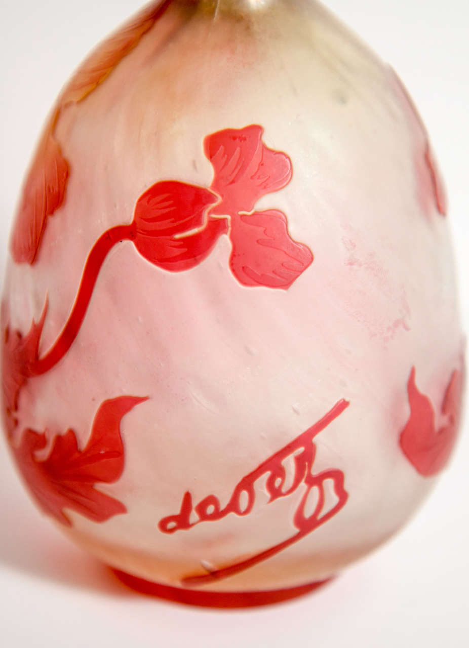 20th Century Art Nouveau Vermilion Hibiscus Etched Glass Cameo Vase signed by Devez