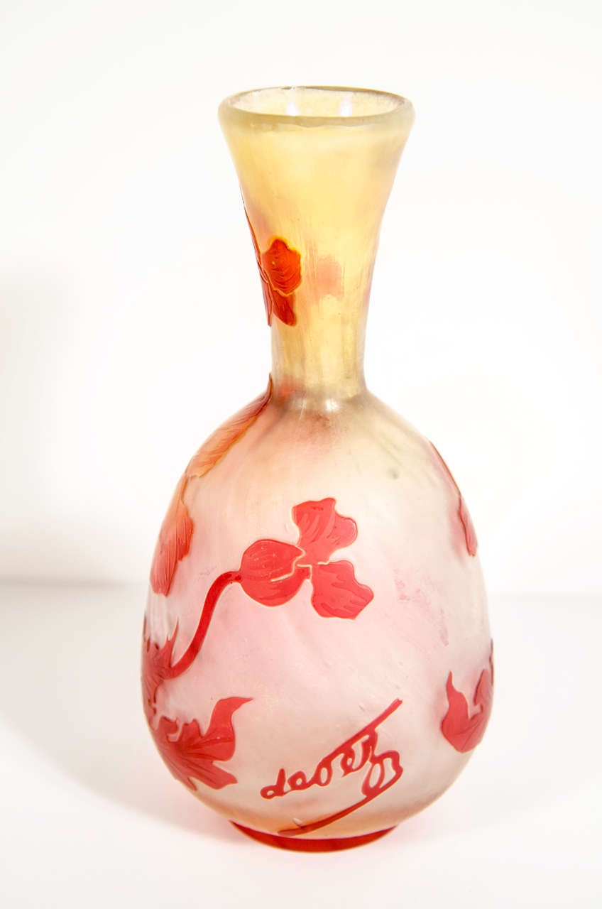 Art Nouveau Vermilion Hibiscus Etched Glass Cameo Vase signed by Devez 1