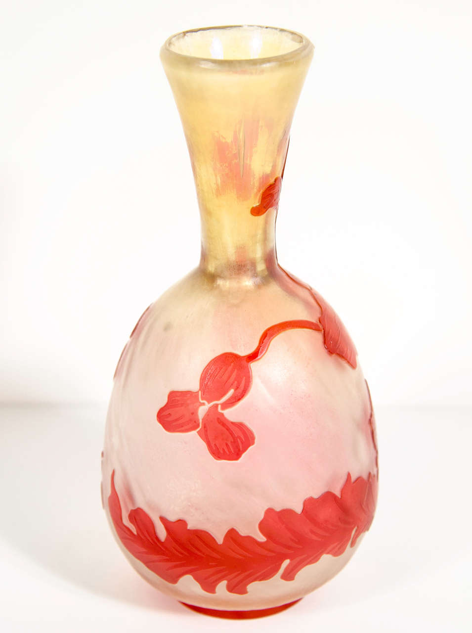 Art Nouveau Vermilion Hibiscus Etched Glass Cameo Vase signed by Devez 2