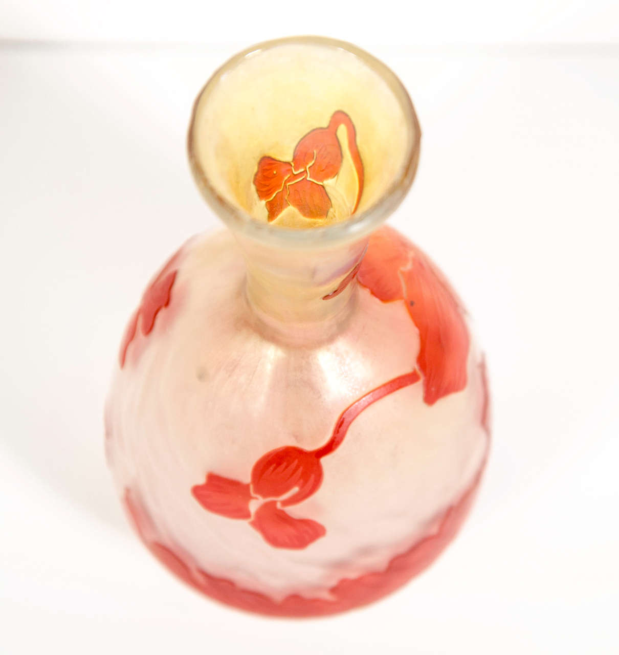 Art Nouveau Vermilion Hibiscus Etched Glass Cameo Vase signed by Devez 3