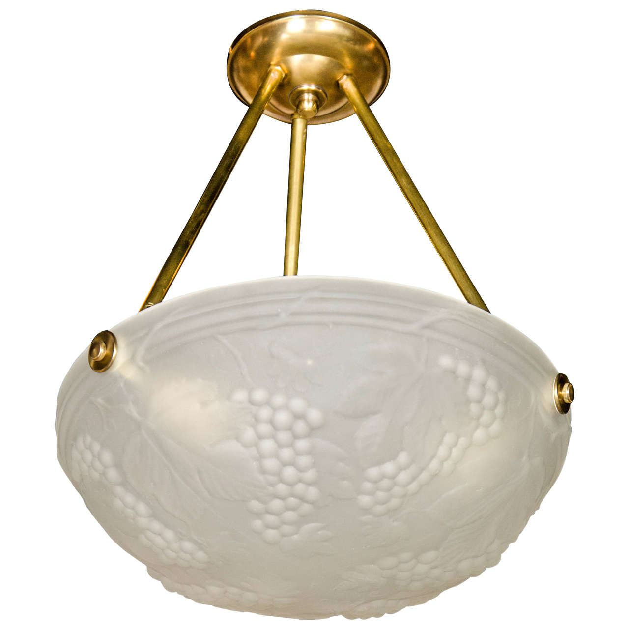 Art Deco Moulded Glass Flush Mount Chandelier W/ Stylized Grape and Leaf Motif For Sale