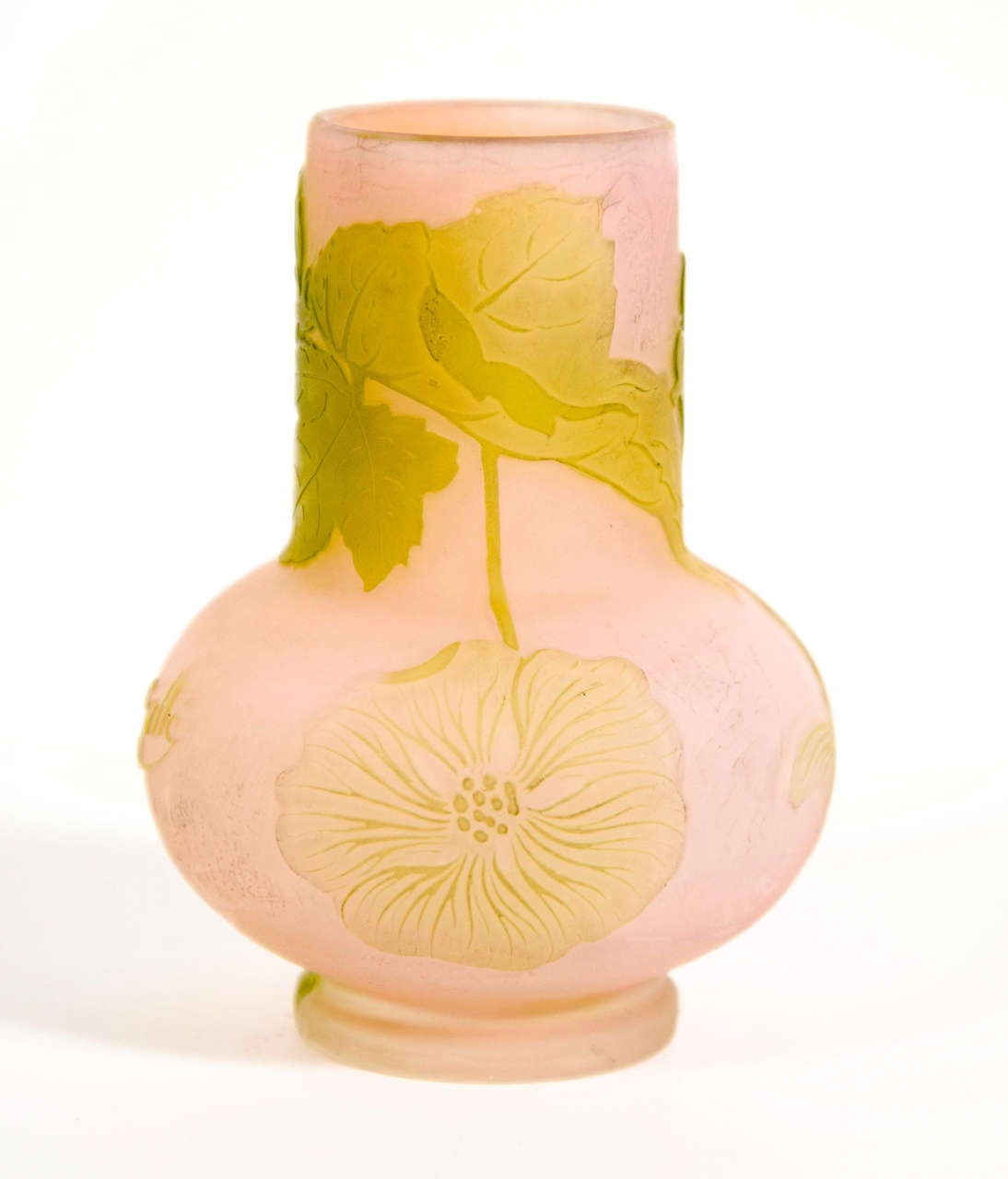 Art Nouveau Pale pink and green double-overlaid and etched glass vase adorned with peonies blossoms by the prestigious studios of Emile Gallé. Works by Gallé, especially of such superior craftsmanship, are highly collectible and increasingly scarce.