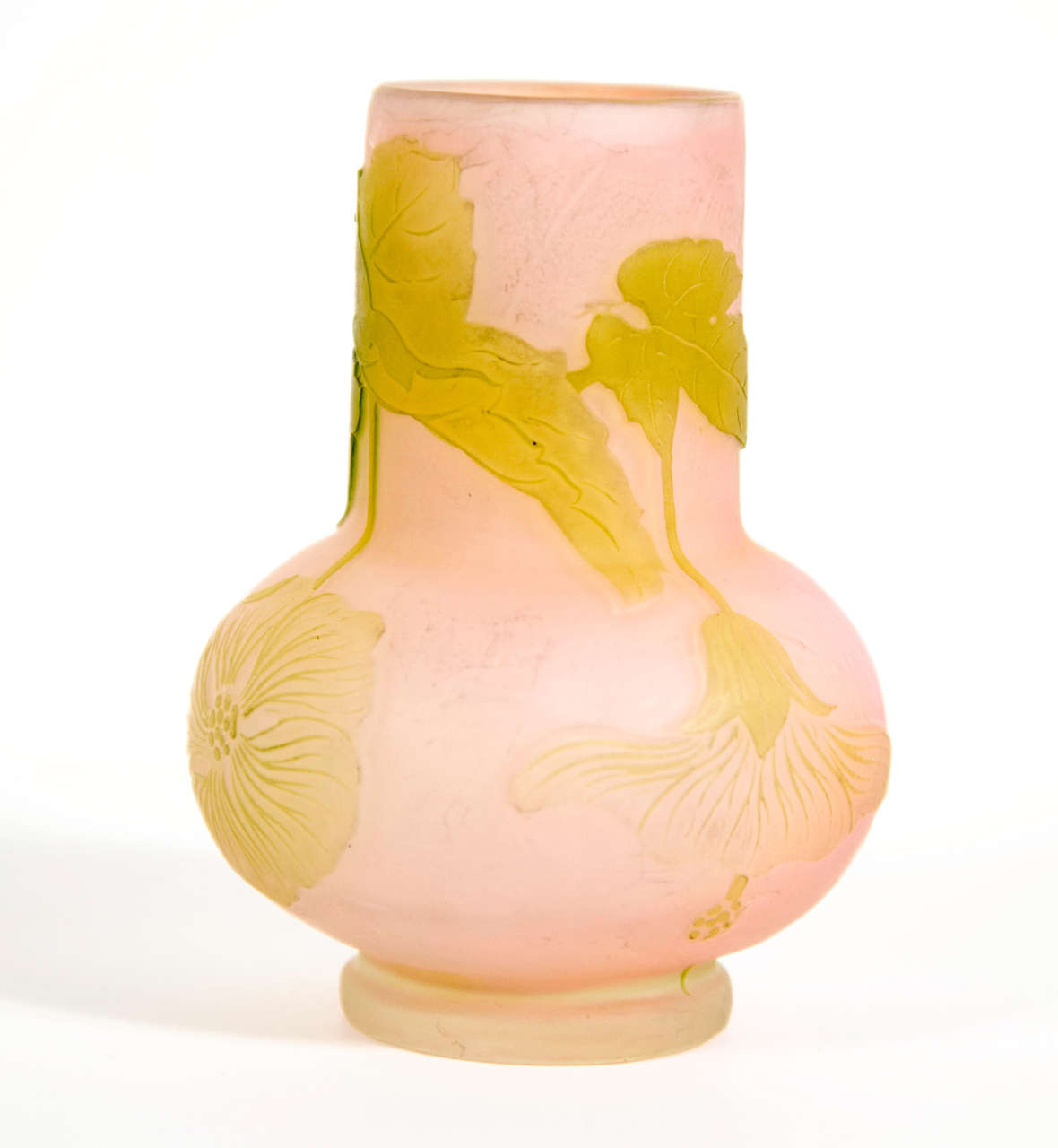 French Art Nouveau Pale Pink & Green Etched Glass Cameo Vase signed by Galle