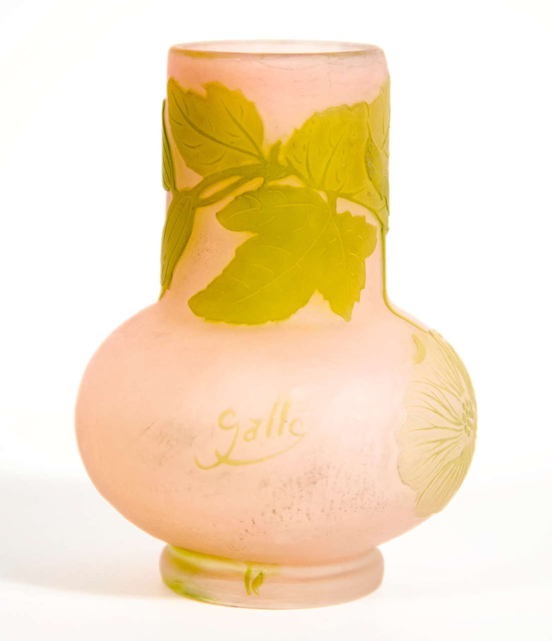 Art Nouveau Pale Pink & Green Etched Glass Cameo Vase signed by Galle In Excellent Condition In New York, NY