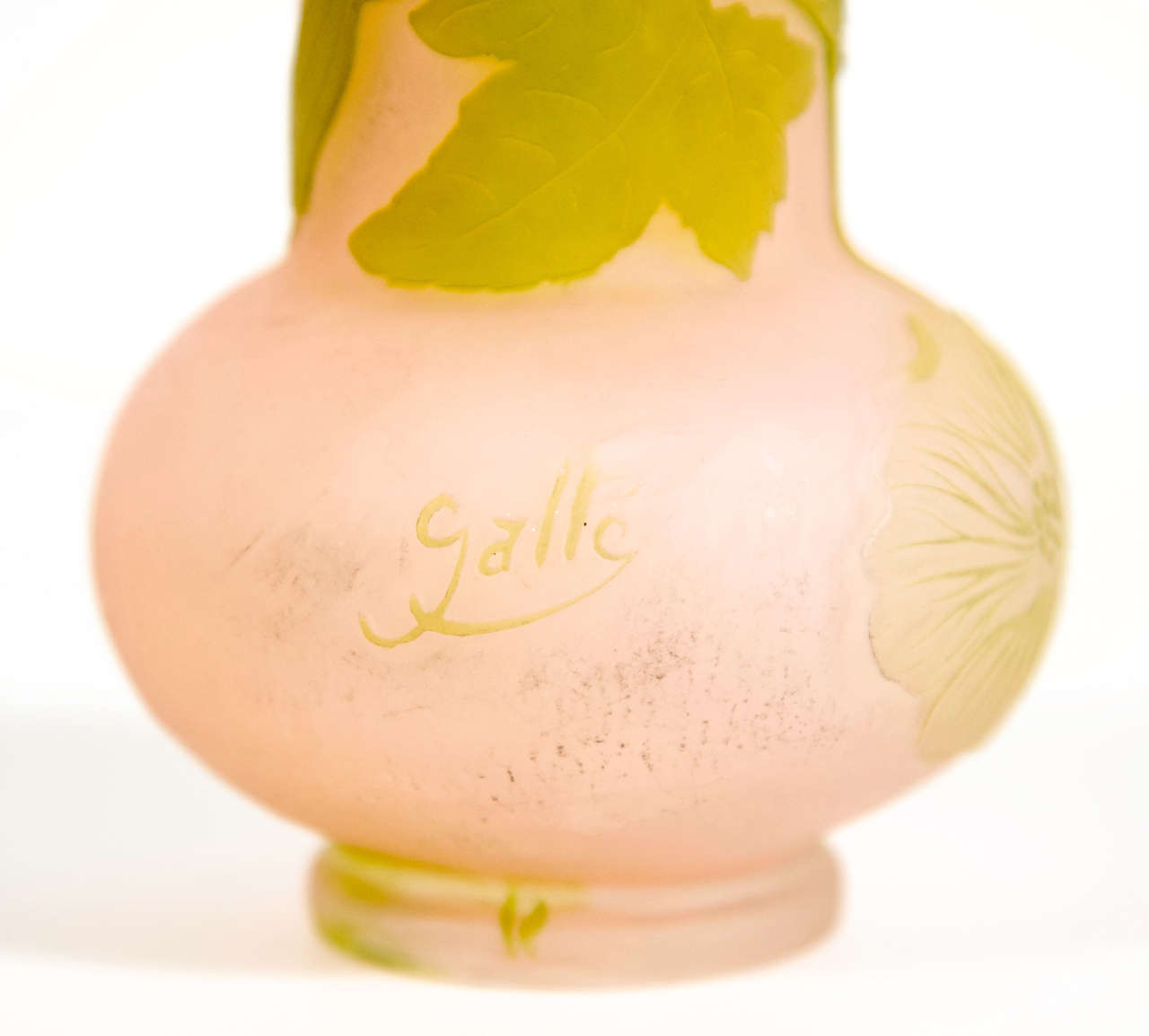20th Century Art Nouveau Pale Pink & Green Etched Glass Cameo Vase signed by Galle