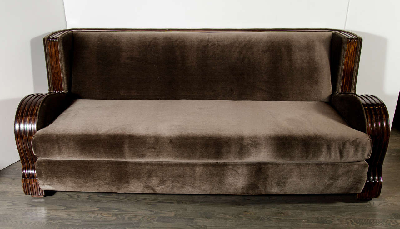 Exceptional Streamlined Art Deco Sofa with Exotic Wood Inlay at 1stDibs