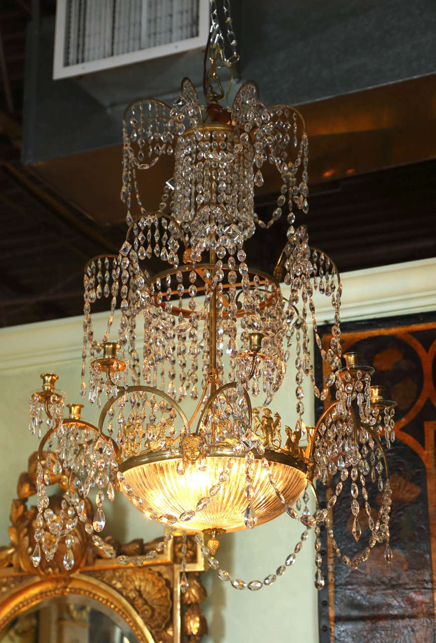 Swedish Neoclassical Dore Bronze and Crystal Chandelier For Sale