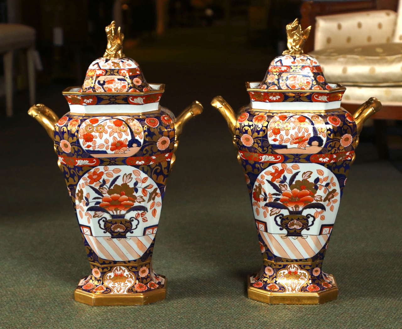 An exceptional pair of 19th century Spode covered urns of monumental size in the Imari pattern.  Marked 