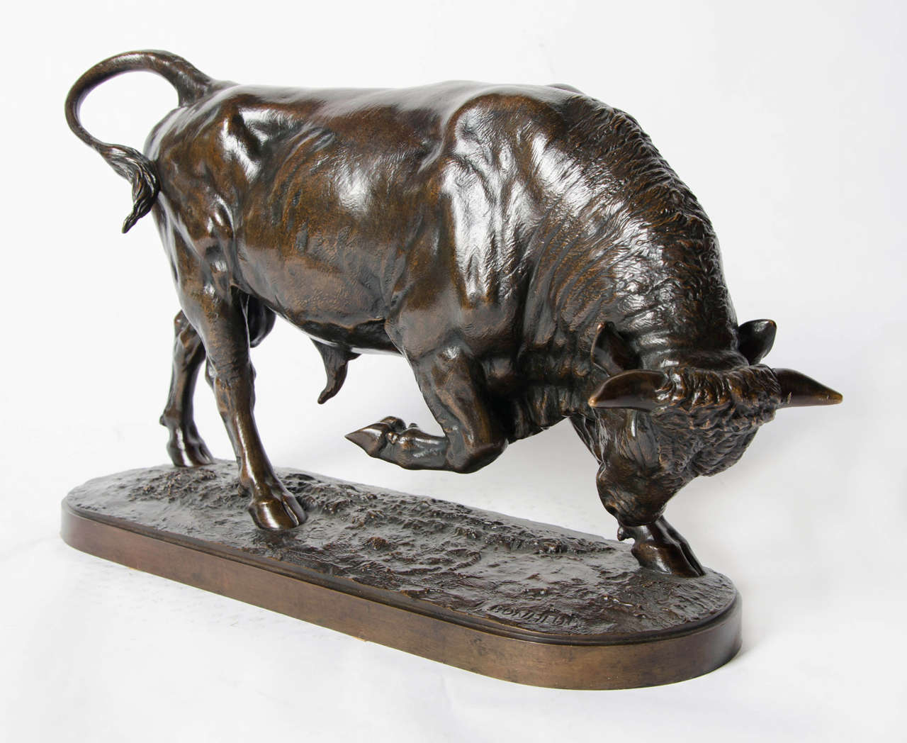 Taureau Chargeant  by Isidore Bonheur (1827-1901). An impressive bronze study of a bull pawing the ground ready to charge. Stunning original rich brown patination. Signed Bonheur to integral naturalistic base.<br />
<br />
French, circa 1860, H