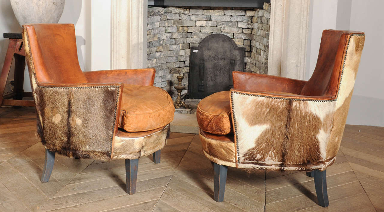 French Pair of 1910s-1920s Boar Skin Armchairs