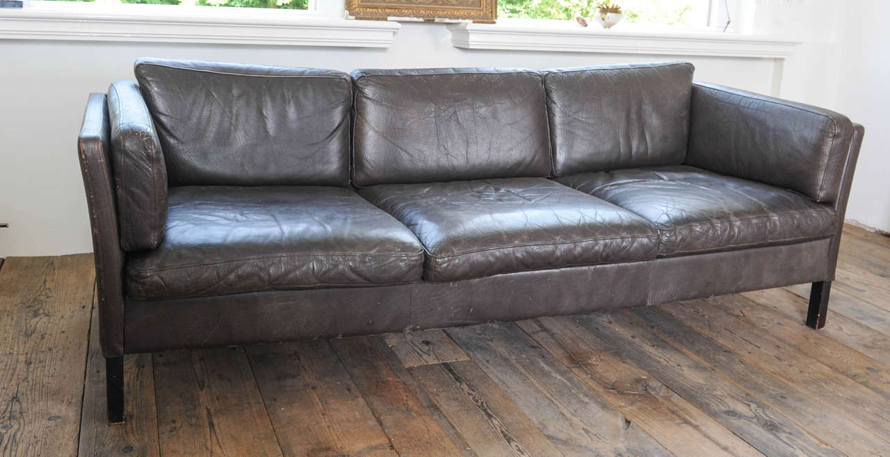 1960s Danish Three-Seat Vintage Design Sofa with Black Leather Upholstered 3