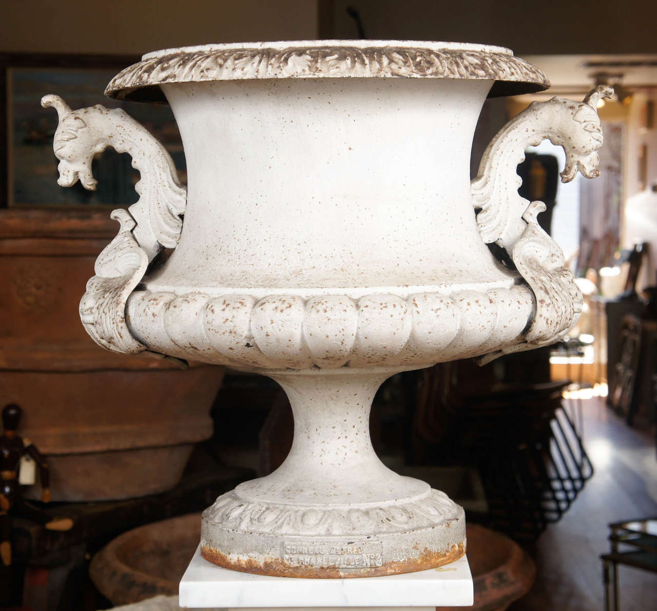 Large Signed Alfred Corneau Cast Iron Vase, France, circa 1900, Griffin Handles.