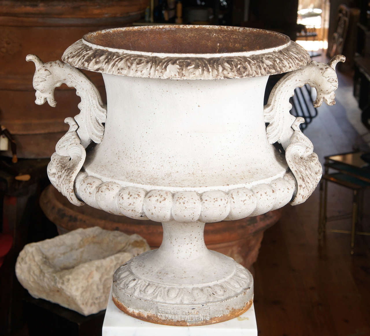 French Large Signed Alfred Corneau Cast Iron Vase with Griffin Handles, France, 1900 For Sale