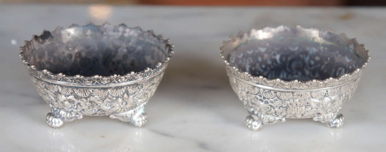 Pair of Tiffany sterling salts, stamped and monogrammed on underside, in very good condition, circa 1900.