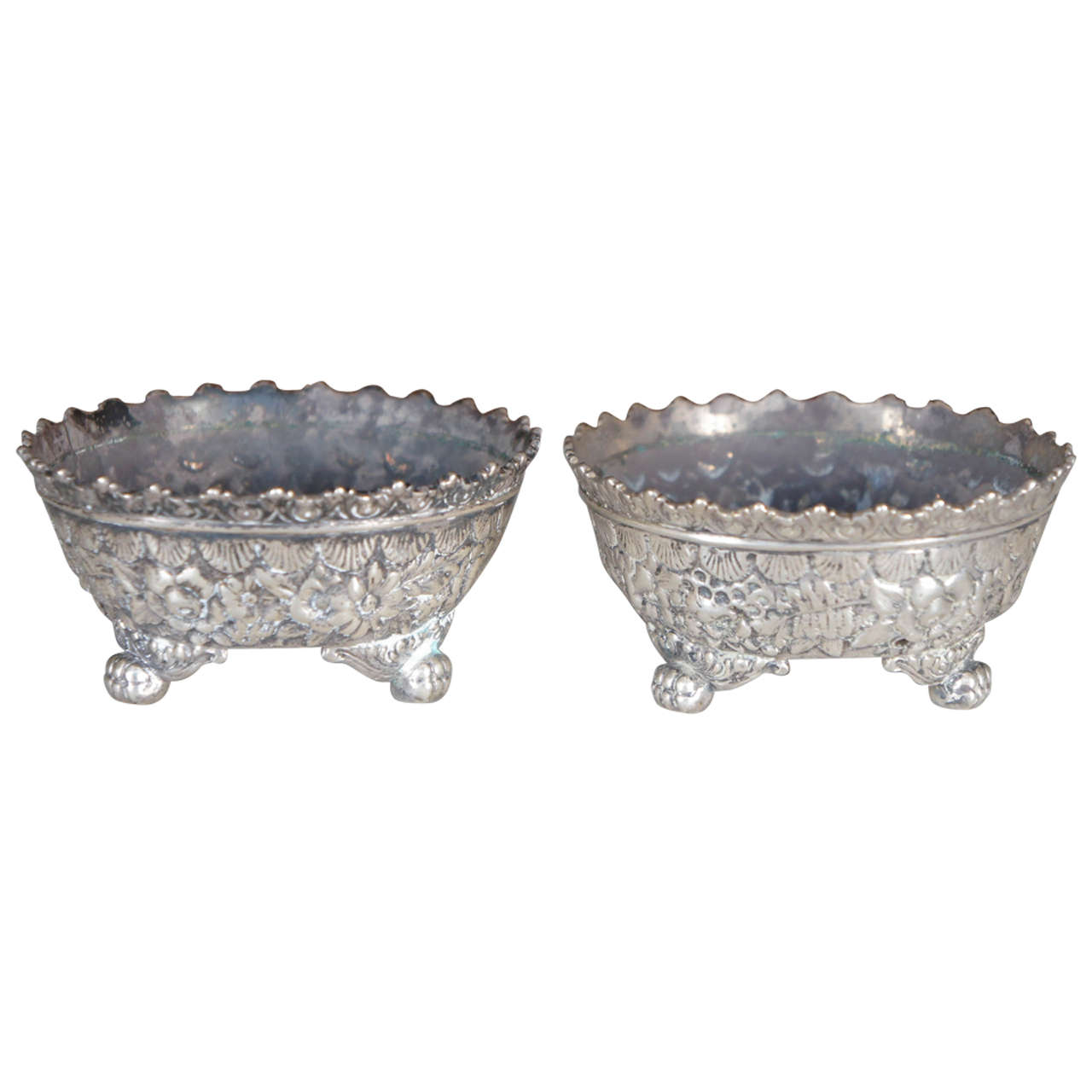 Pair of Tiffany Repousse Sterling Silver Salts For Sale