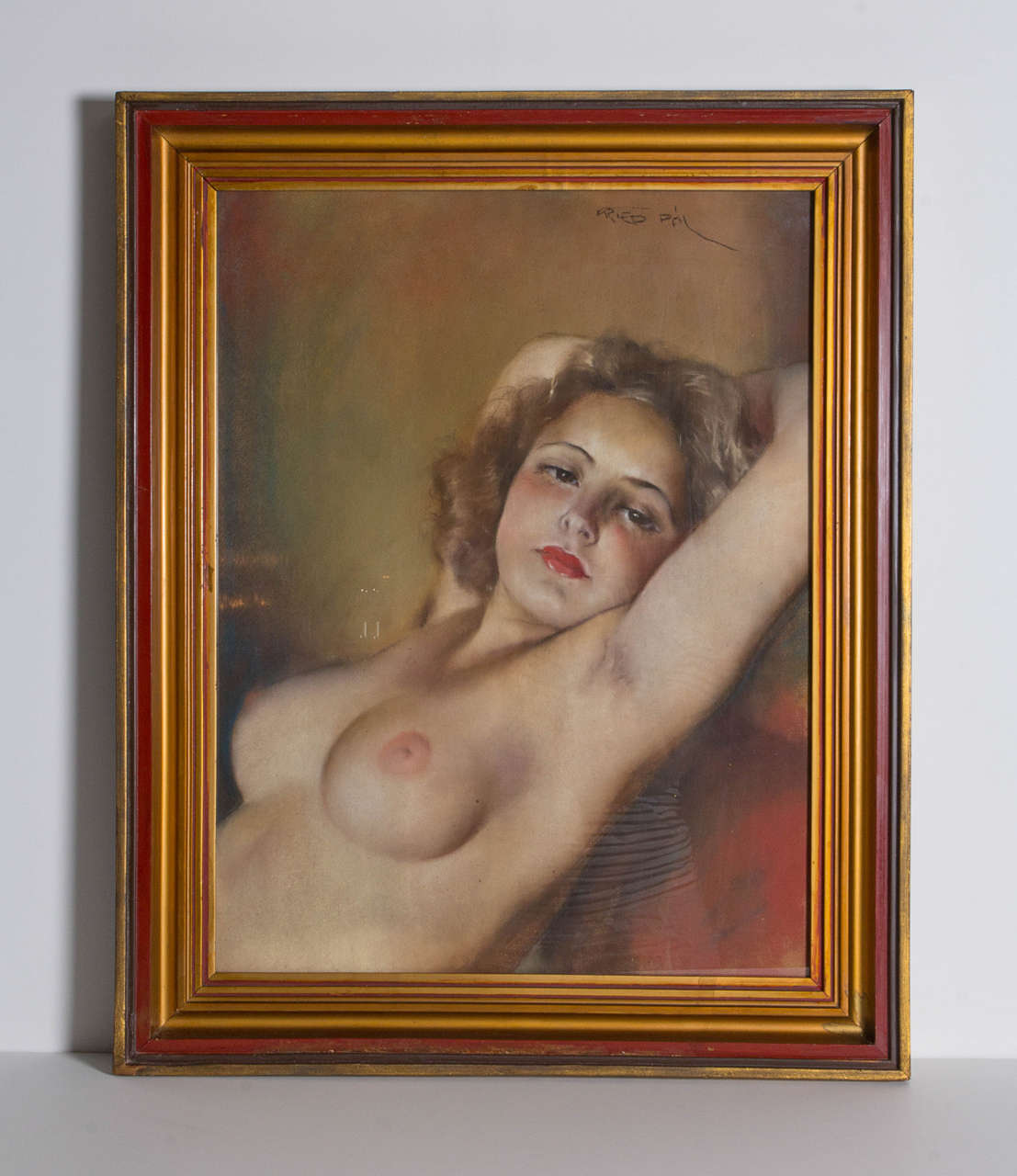 A fabulously rendered, realistic portrayal of a nude in original frame signed:
 Fried Pal. 
Hand painted pastel under glass.
 Pal Fried was a  Hungarian/ American artist  who was influenced by Impressionist artists like Renoir and Degas.
 The