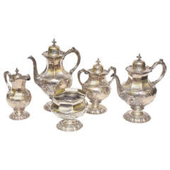 Rare Wm. Gale & Sons Early 19th Century Silver Repousse Five-Piece Tea Set