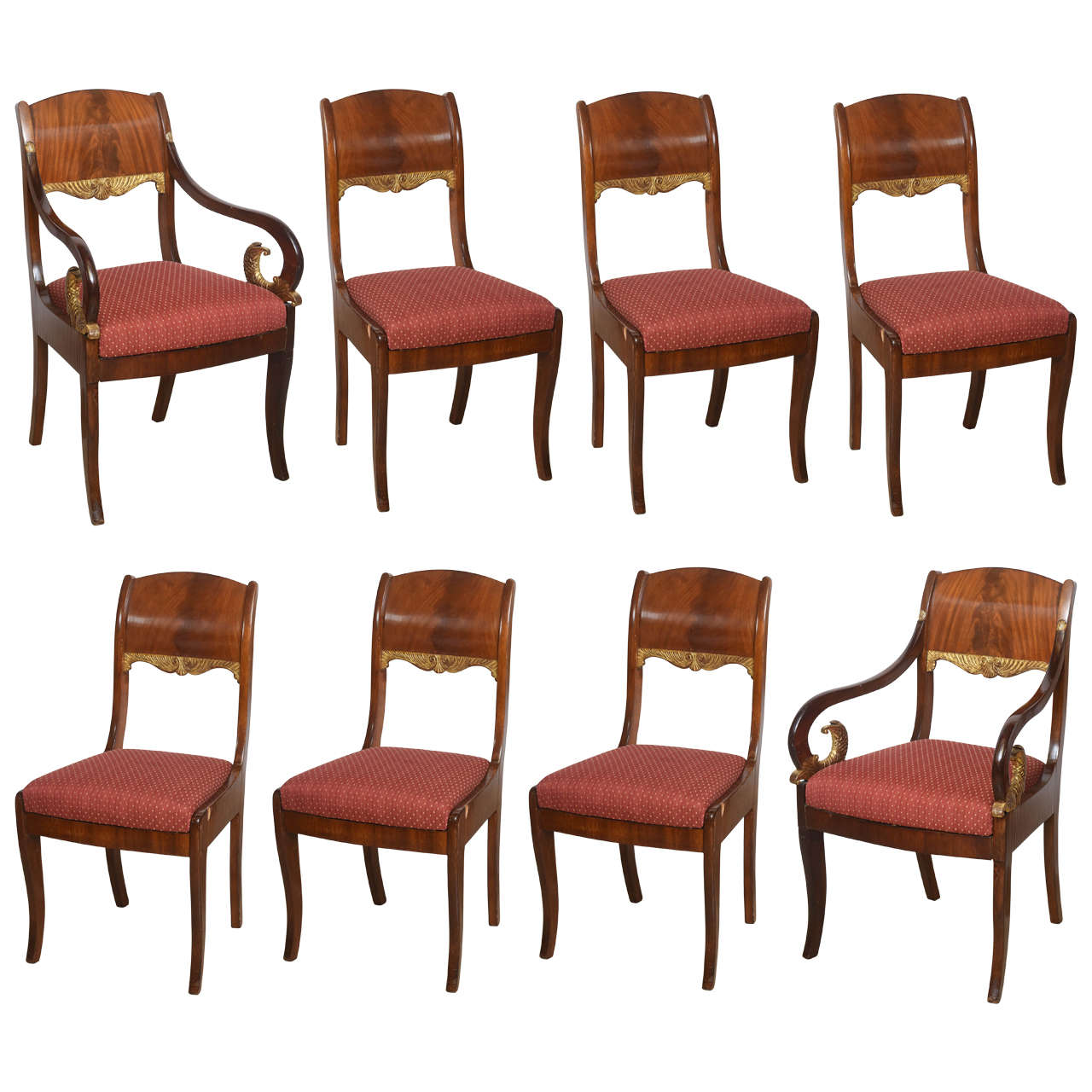 Set of Eight Russian Neoclassic Mahogany and Parcel-Gilt Dining Chairs For Sale