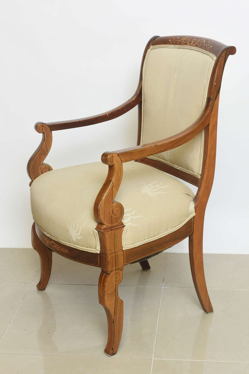 Charles X Inlaid Mahogany and Walnut Open Armchair, France In Excellent Condition For Sale In Hollywood, FL