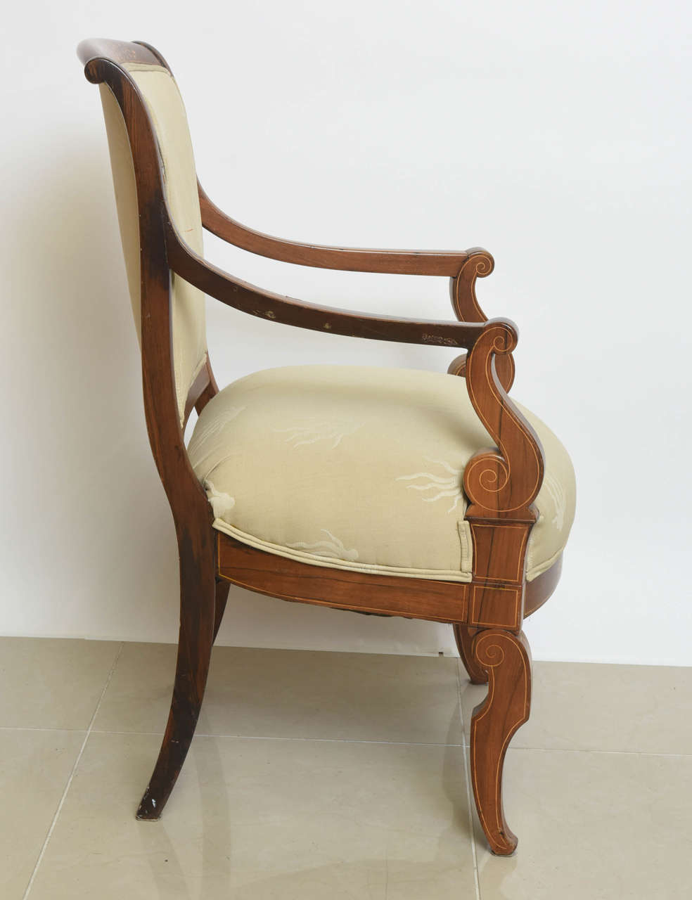 Early 19th Century Charles X Inlaid Mahogany and Walnut Open Armchair, France For Sale