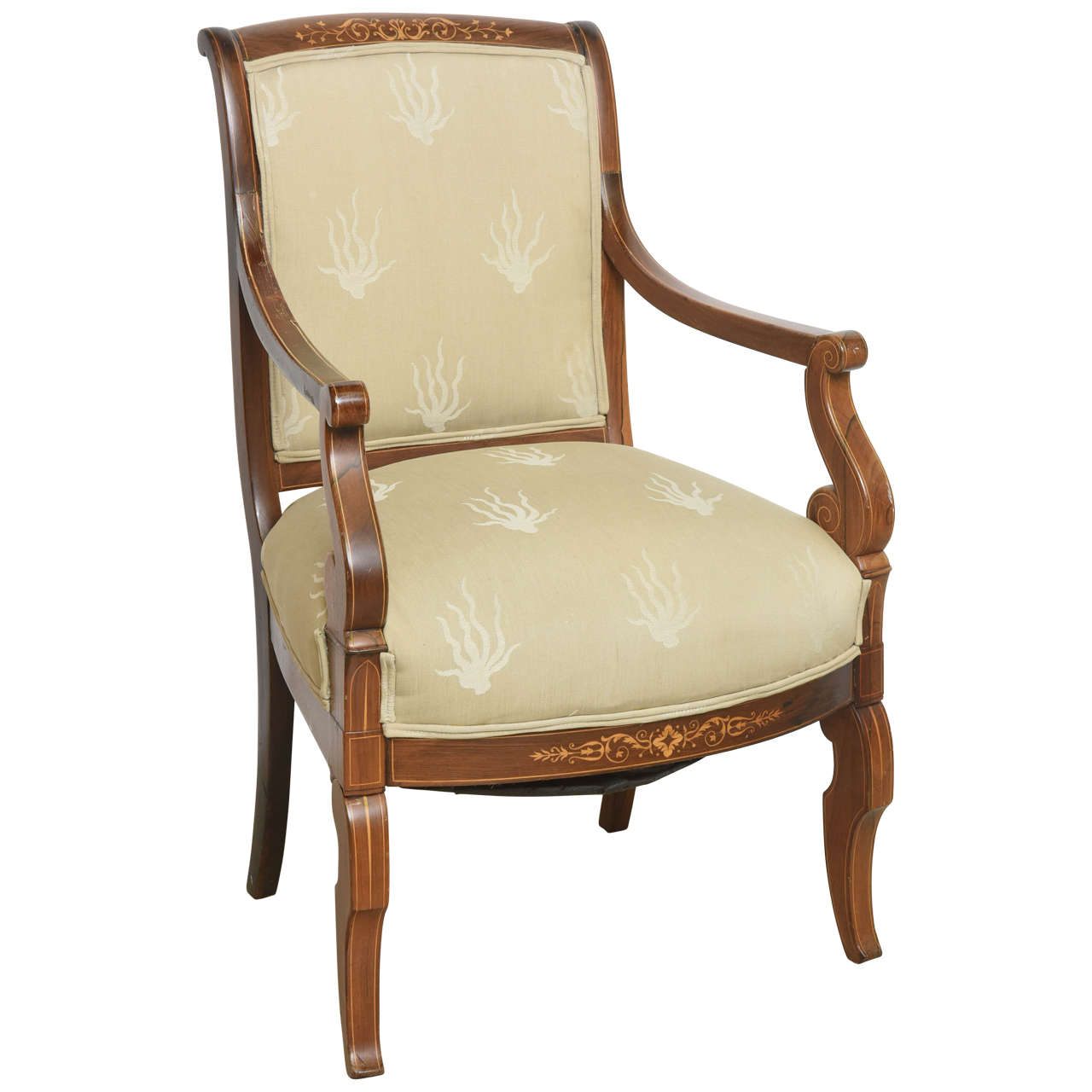 Charles X Inlaid Mahogany and Walnut Open Armchair, France For Sale