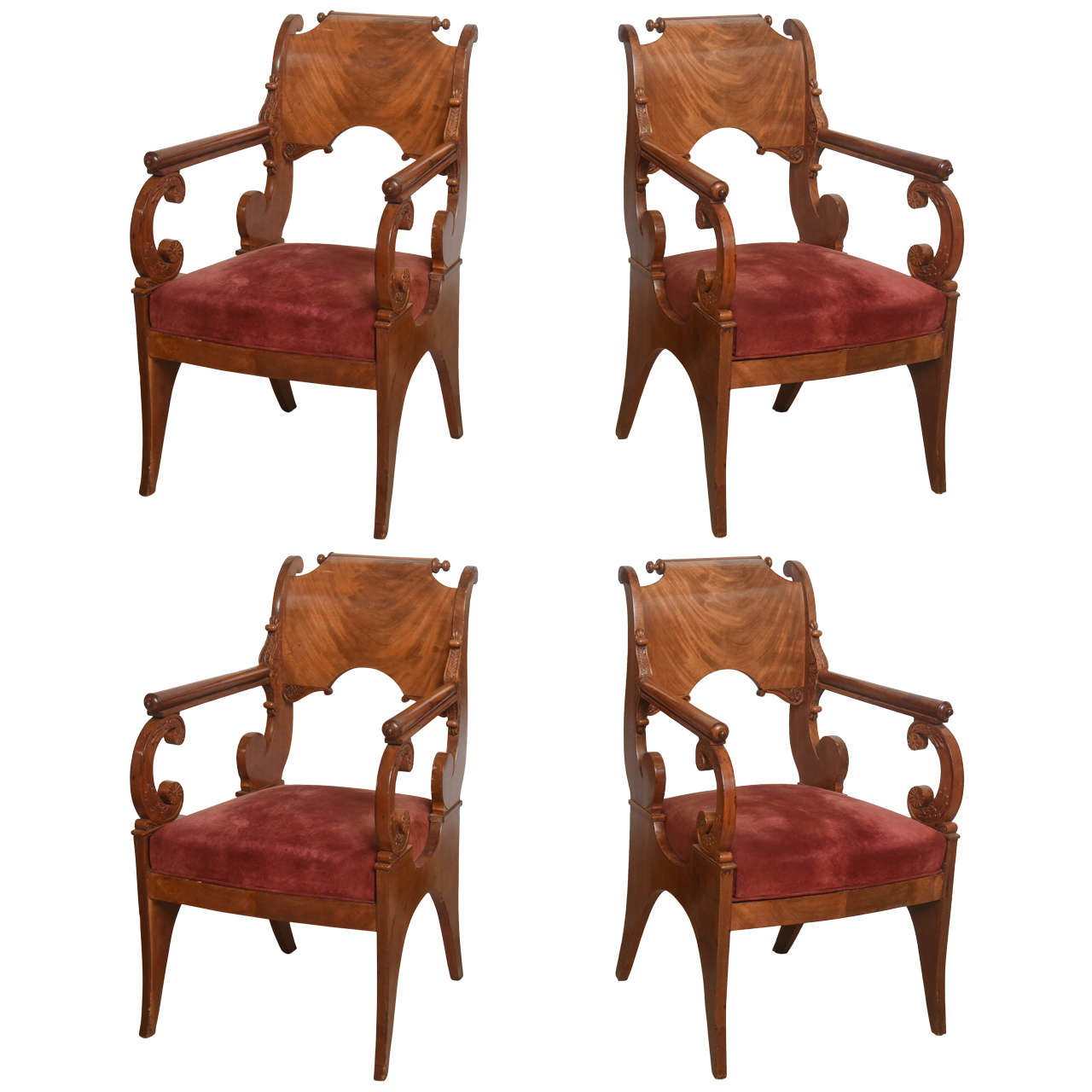 Set of Four Russian Neoclassic Mahogany Armchairs For Sale