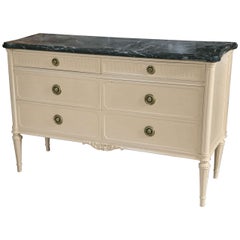 Painted French Louis XVI Style Polychrome Commode Dresser Marble Top Circa 1960s