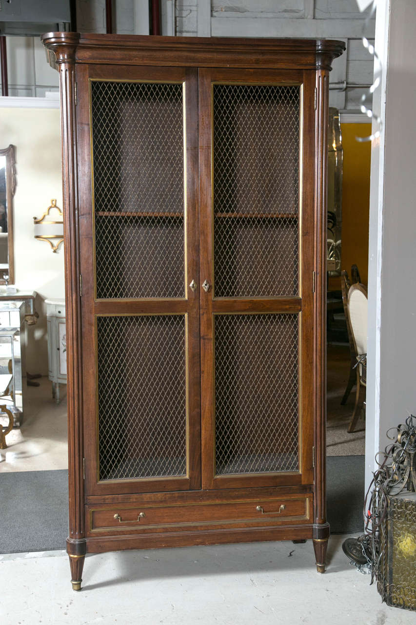 French neoclassical style mahogany bookcase, possibly fourth quarter of the 20th century, the molded cornice above two long doors with bronze banding and wiring front, flanked by fluted uprights, opening to shelving interior, all above a long