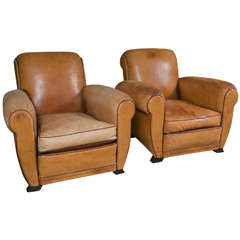 Vintage Pair of French Tan Leather Club Chairs