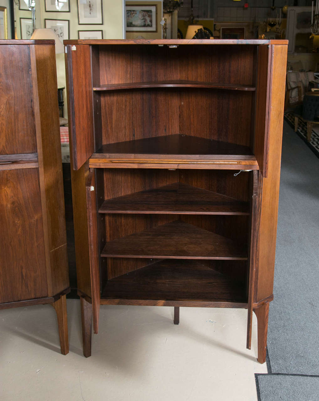 Pair of Mid-Century Modern Danish Rosewood Corner Cabinets or Bars Raised Legs In Good Condition In Stamford, CT