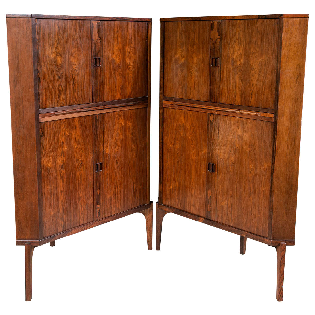 Pair of Mid-Century Modern Danish Rosewood Corner Cabinets or Bars Raised Legs
