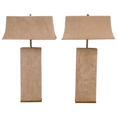 Pair of Beige Suede Lamps Attributed to Karl Springer