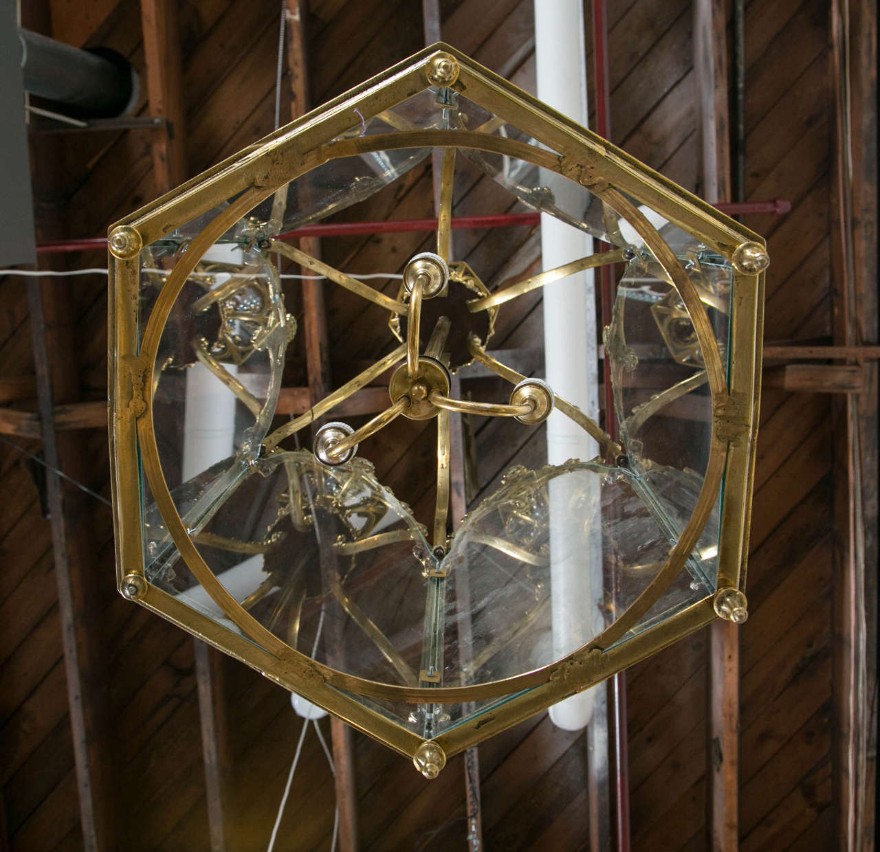 Pair of Polygon Bronze and Glass Antique Lanterns In Good Condition In Stamford, CT